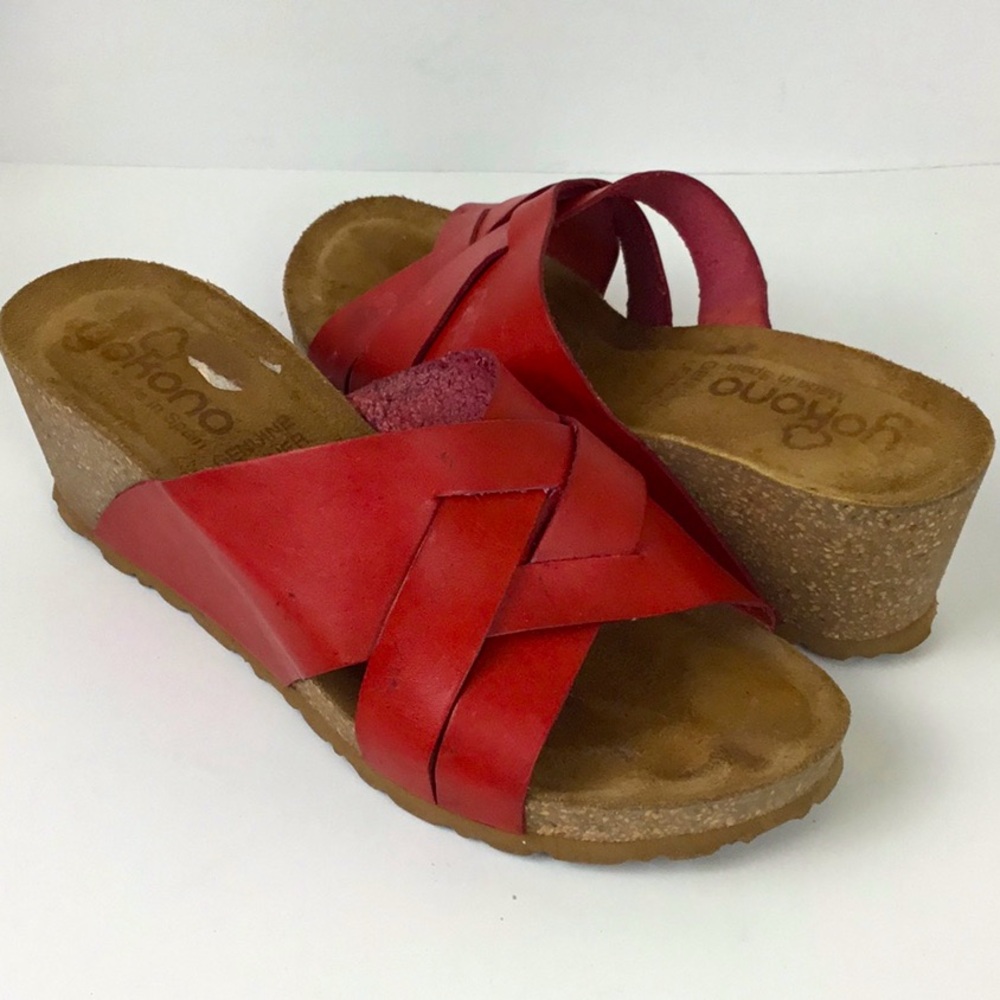 Yokono Red Leather Platform Sandals Wedge Cross strap Size 9